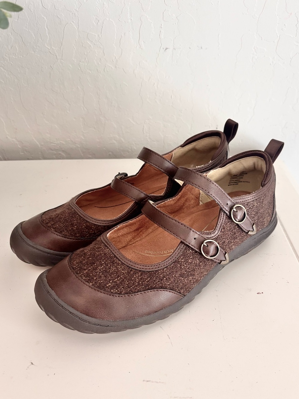 JBU Nina Faux Leather and Tweed Mary Jane Shoes Dark Brown, Sz 9